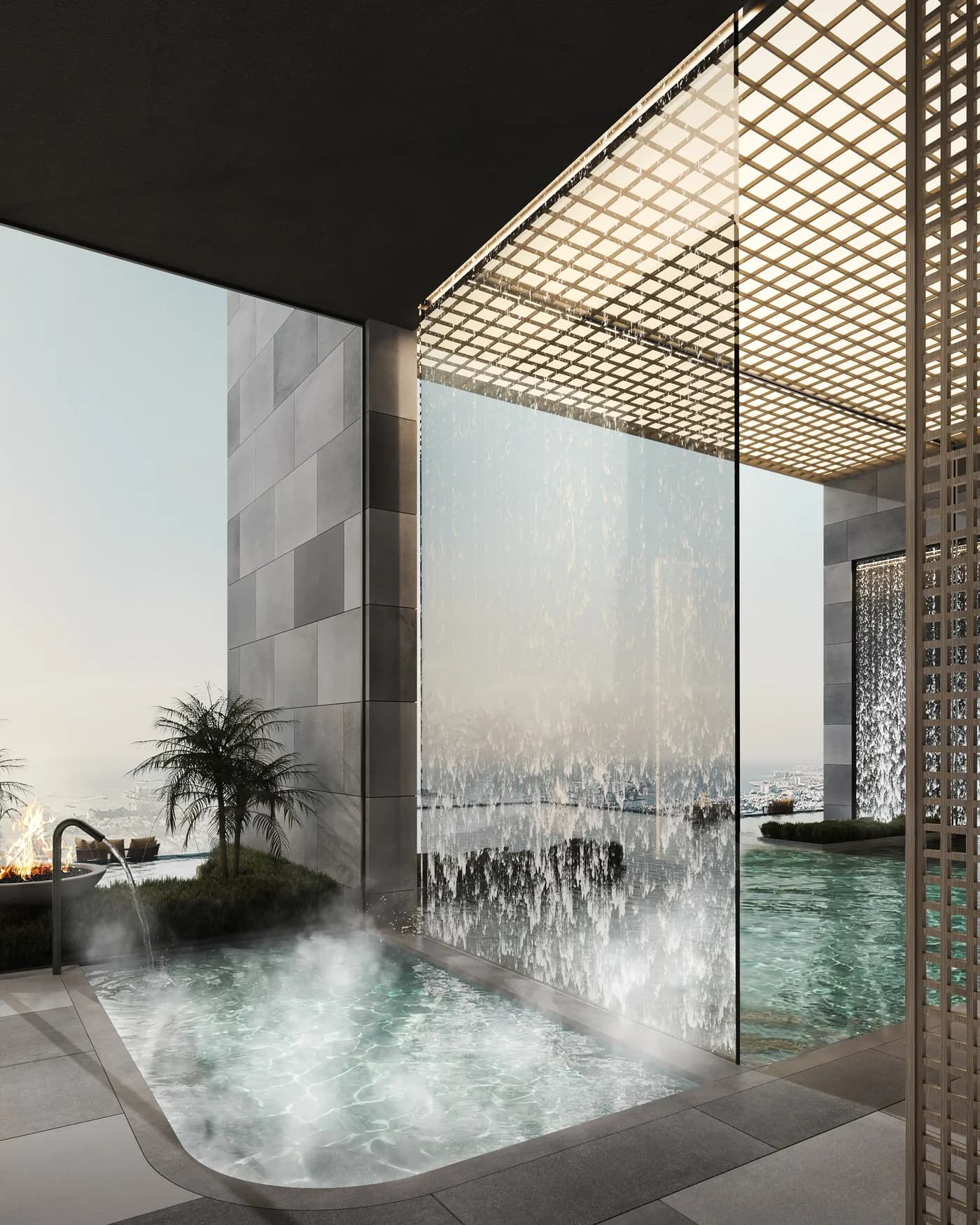 Hydrotherapy and onsen: Hot, cold and vitality pools used in sequence, in the style of a Japanese onsen.