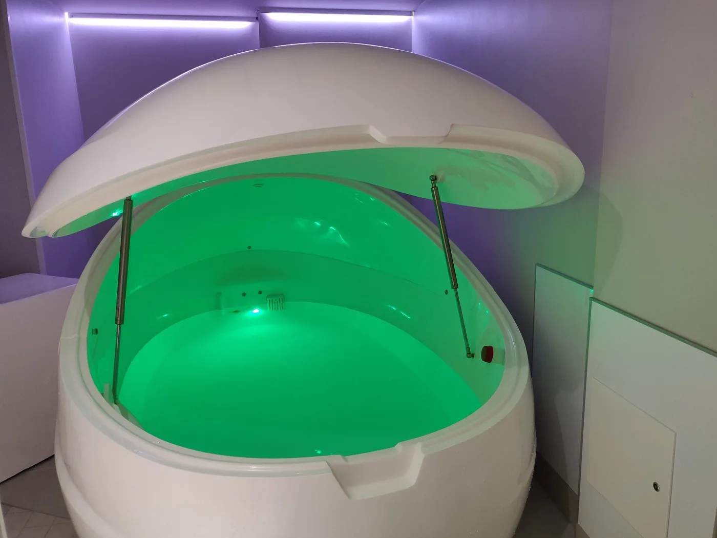 Flotation: A sensory deprivation pod of warm salt water: an hour with no light and no sound.