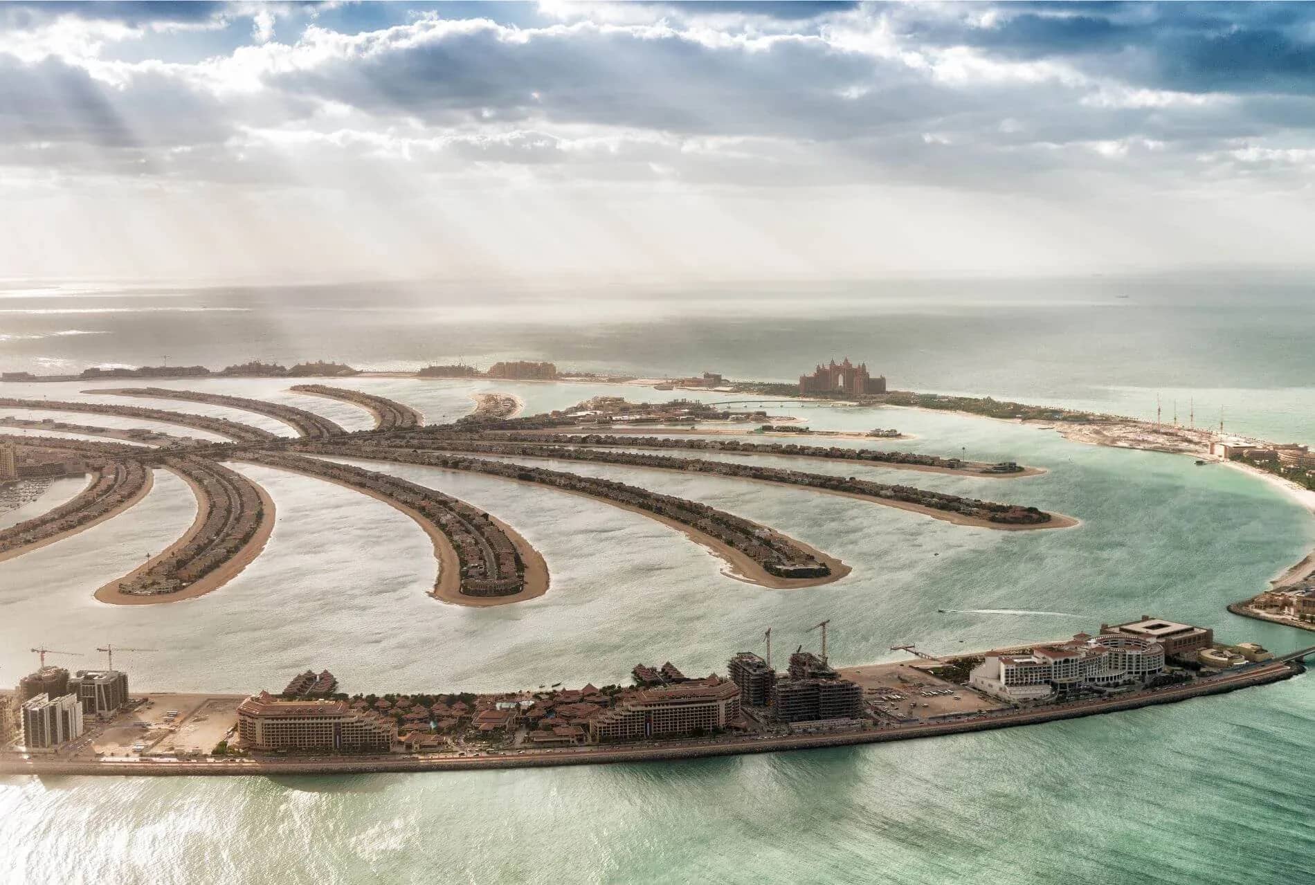 Aerial view of Palm Jumeirah, surrounding sea and waterfront buildings